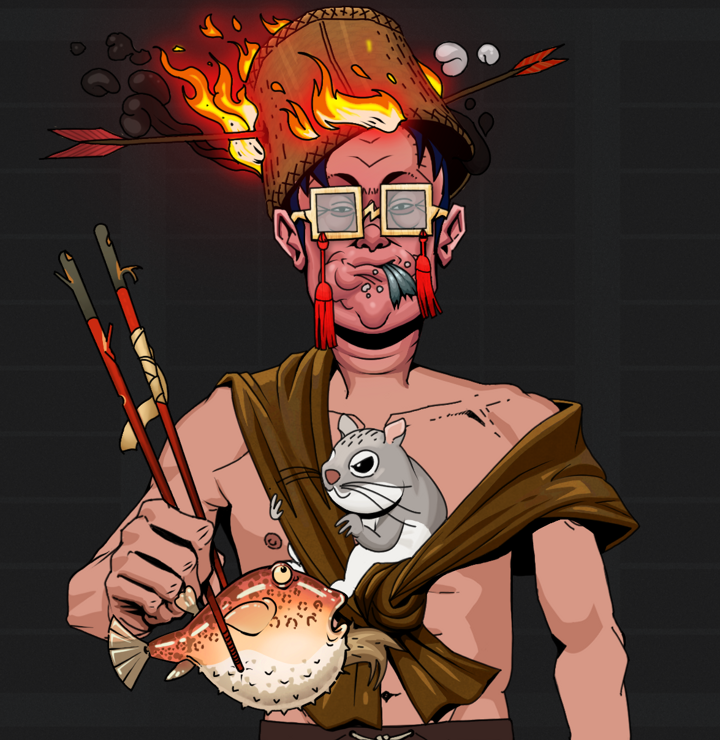 Fatty Bobsticks — Degen Dojo NFT art (Shirtless Runt, Shoji Night, Degens, Little Momonga Friend, Fatty Bobsticks, Shoji Tassel Glasses, Burning Basket, Frightened Fugu, Mint)