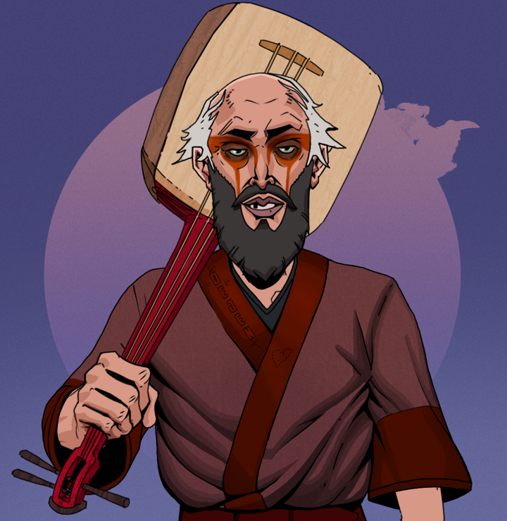 Oleg Of War — Degen Dojo NFT art (Shirtless Runt, Purple Night, Degens, Proud Dejen Kimono, Oleg Of War, Kung Fu Master, Shamisen, Mint)