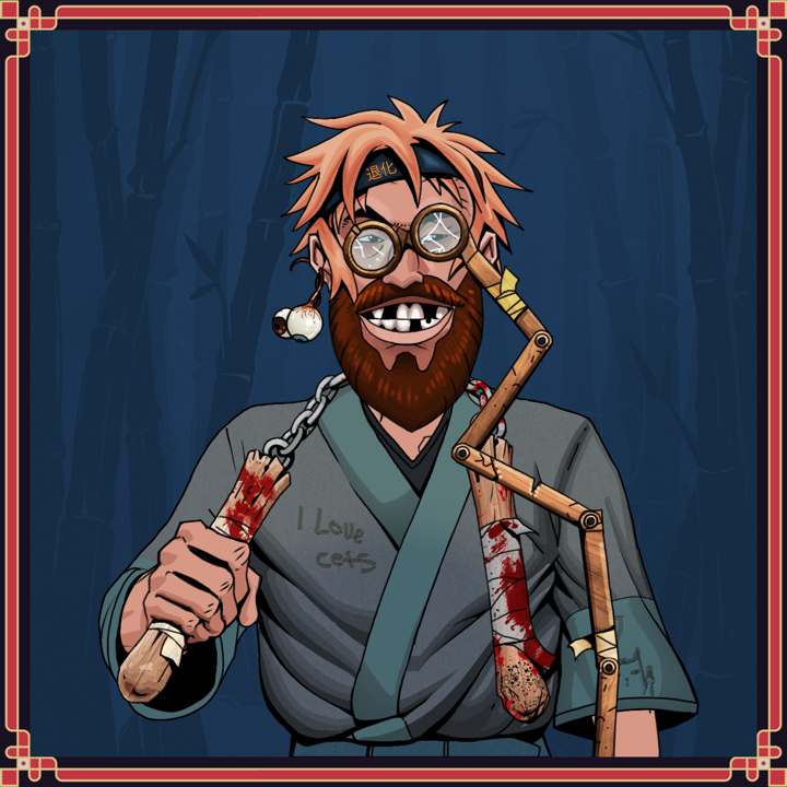 Igor The Bear — Degen Dojo NFT art (Shaman Eyes, Night Forest, Igor The Bear, Cet Kimono, Degen, Telescopic Glasses, Tiger Headband Ruffian, Shifty Cyclone Caress, Bloody Nunchucks, Framed)