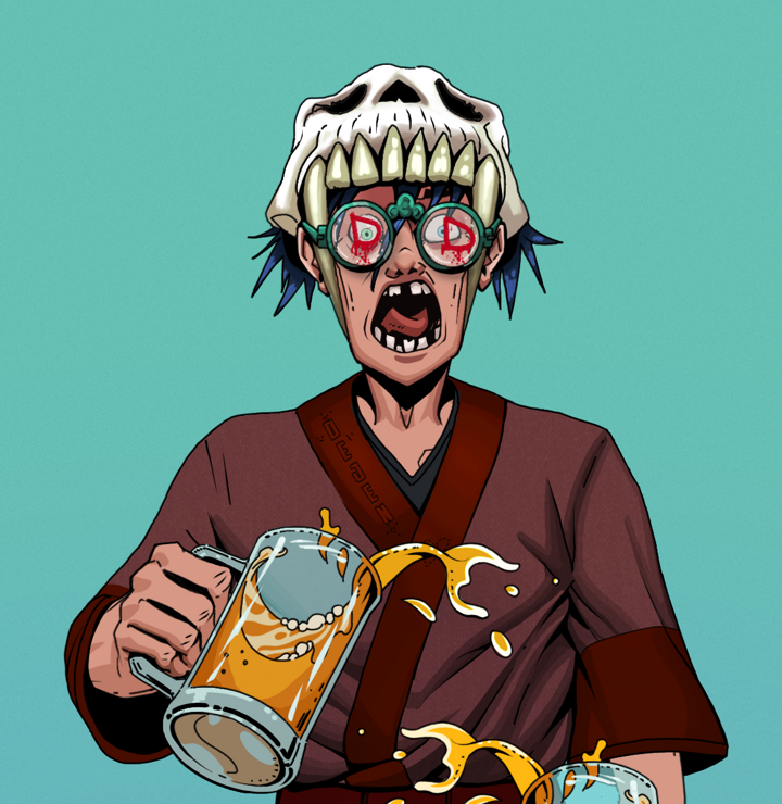 Tokuda — Degen Dojo NFT art (Shirtless Runt, Teal Daytime, Degens, Proud Dejen Kimono, Tokuda, Dojo Graffiti, Sabertooth Skull, Beer Splash, Mint)