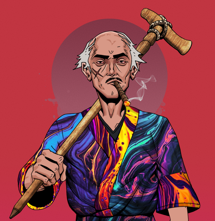 Raikou The Stoner — Degen Dojo NFT art (Shirtless Runt, Red High Moon, Degens, Rainbow Kimono, Raikou The Stoner, Kung Fu Master, Wooden Walking Cane, Mint)
