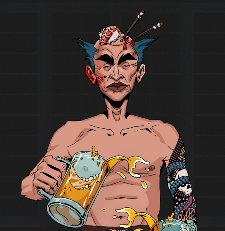 Young Yuji — Degen Dojo NFT art (Shirtless Runt, Shoji Night, Degens, Skull Sleeve, Young Yuji, Sushi Fight, Beer Splash, Mint)