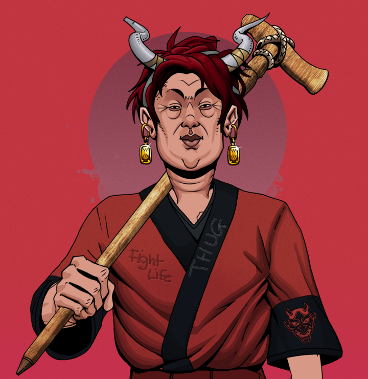 Fat Bob — Degen Dojo NFT art (Gold Earrings, Red High Moon, Degens, Red Oni Kimono, Fat Bob, Shirtless Runt, Grey Oni Horns, Wooden Walking Cane, Mint)