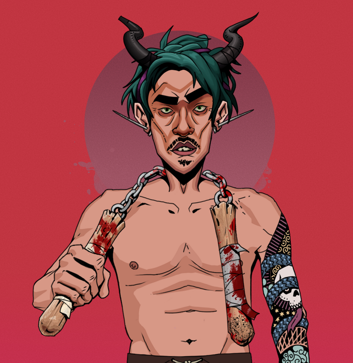 Gloomy Masumi — Degen Dojo NFT art (Nails, Red High Moon, Degens, Skull Sleeve, Gloomy Masumi, Shirtless Runt, Black Oni Horns, Bloody Nunchucks, Mint)