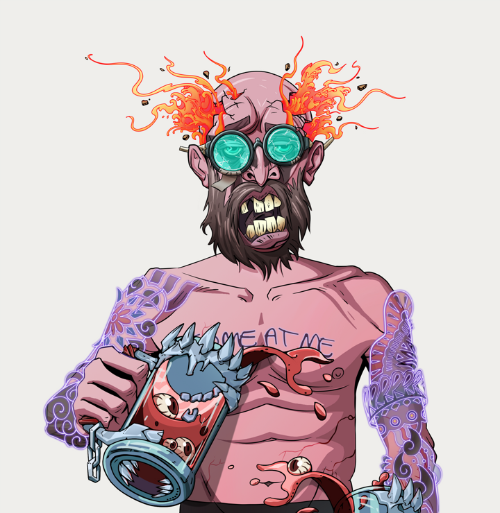 Oleg Of War — Degen Dojo NFT art (Shirtless Runt, Warm Grey, Demons, Black Yakuza Sleeves, Oleg Of War, Bloodied Glasses, Red Heihachi, Beer Splash, Mint)