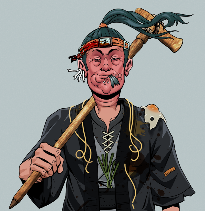 Fatty Bobsticks — Degen Dojo NFT art (Chicken Bones, Light Grey, Degens, Glutton Fight, Fatty Bobsticks, Shirtless Runt, Green Bandana, Wooden Walking Cane, Mint)