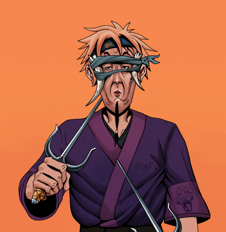 Edmundo — Degen Dojo NFT art (Shirtless Runt, Orange Afternoon, Degens, Money Kimono, Edmundo, Tied Horns, Tiger Headband Ruffian, Dual Sai, Mint)
