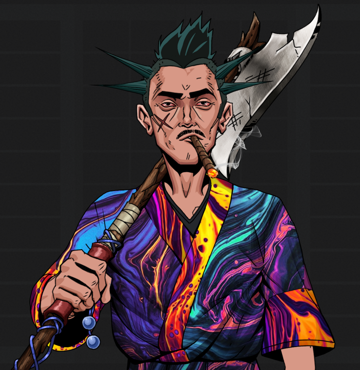 Raikou The Stoner — Degen Dojo NFT art (Shirtless Runt, Shoji Night, Degens, Rainbow Kimono, Raikou The Stoner, Yakuza Ruffian, Broken Nagatina, Mint)