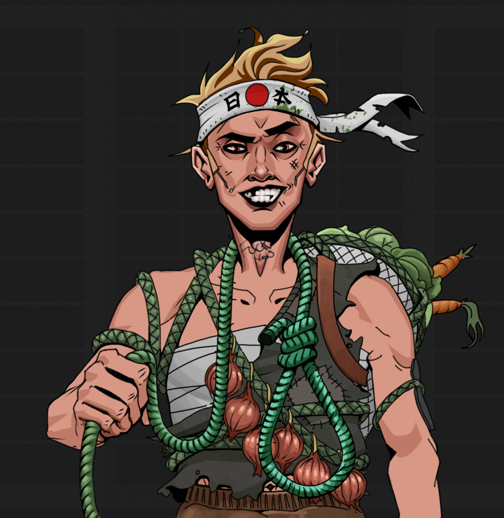 Junichiro — Degen Dojo NFT art (Shirtless Runt, Shoji Night, Degens, Farmer, Junichiro, Karate Headband, Noose, Mint)