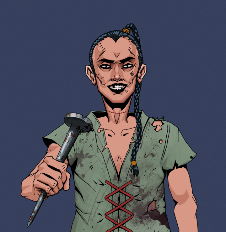 Junichiro Reborn — Degen Dojo NFT art (Shirtless Runt, Blue Evening, Degens, Dirty Peasant Rags, Junichiro Reborn, Braided Samurai Ponytail, Rusty Nail, Mint)