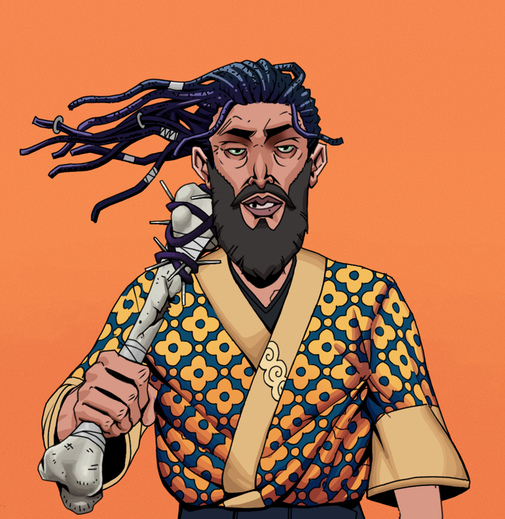 Serious Oleg — Degen Dojo NFT art (Shirtless Runt, Orange Afternoon, Degens, Yellow Flowers Silk Kimono, Serious Oleg, Flowing Dreads, Spiky Femur, Mint)