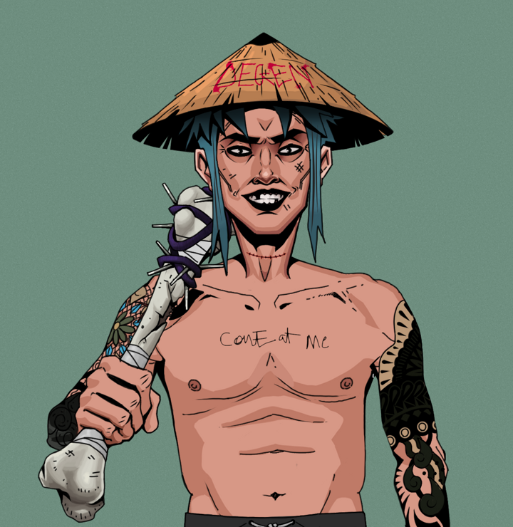 Junichiro Reborn — Degen Dojo NFT art (Shirtless Runt, Olive Green, Degens, Black Yakuza Sleeves, Junichiro Reborn, Degen Graffiti Rice Hat, Spiky Femur, Mint)