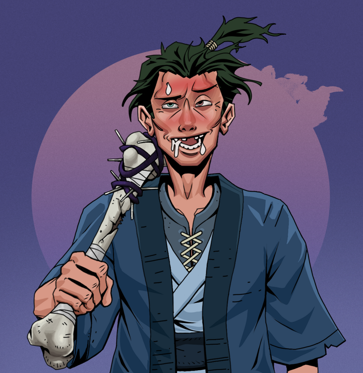 Yuuki — Degen Dojo NFT art (Shirtless Runt, Purple Night, Degens, Blue Warrior Kimono, Yuuki, Messy Ponytail, Spiky Femur, Mint)
