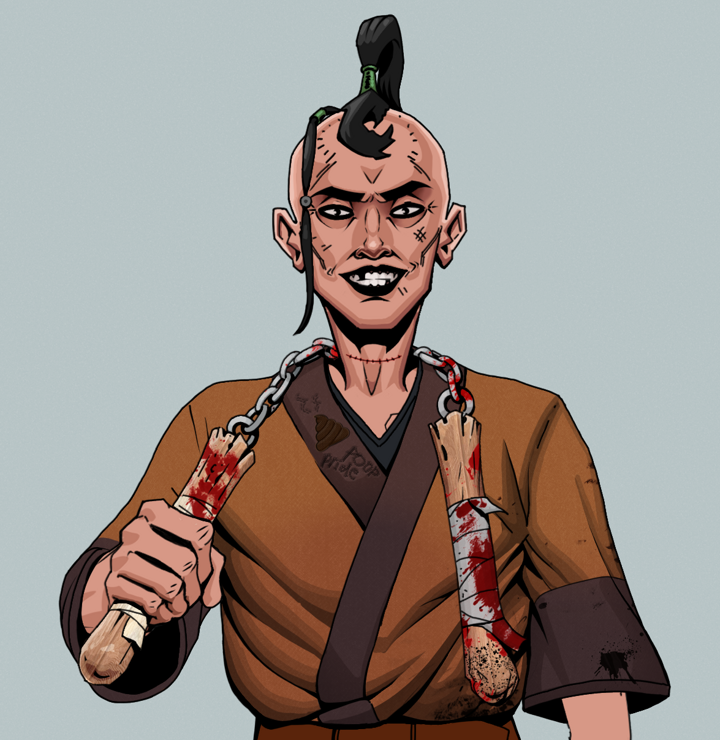 Junichiro Reborn — Degen Dojo NFT art (Shirtless Runt, Light Grey, Degens, Poop Pride Kimono, Junichiro Reborn, Dejen Samurai, Bloody Nunchucks, Mint)