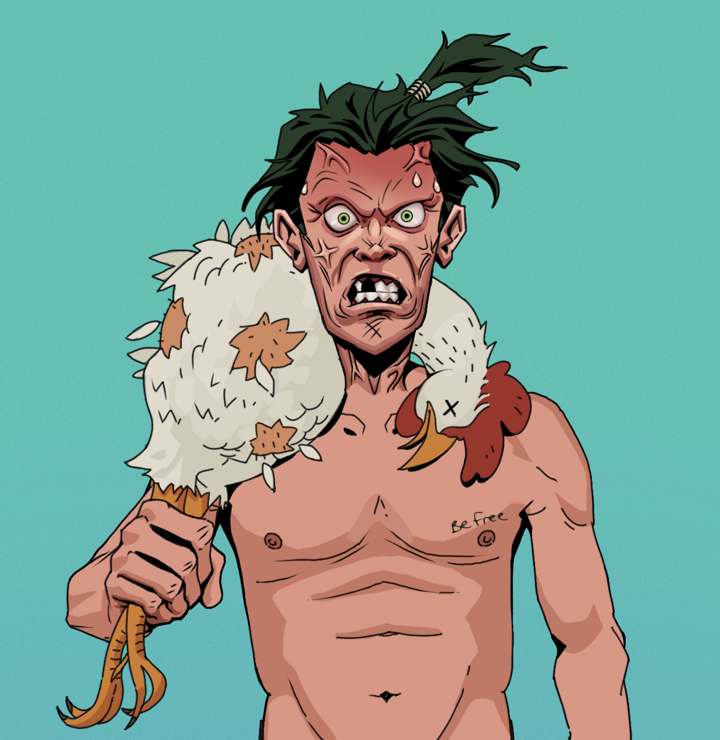 Angry Ikari — Degen Dojo NFT art (Shirtless Runt, Teal Daytime, Degens, Nudey Freak, Angry Ikari, Messy Ponytail, Chicken, Mint)