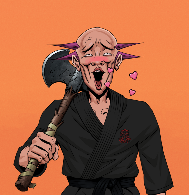 Lovey Haruto — Degen Dojo NFT art (Shirtless Runt, Orange Afternoon, Degens, Master Black Gi, Lovey Haruto, Dejen Mohawk, Axe, Mint)
