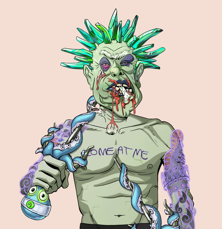Fatty Bobsticks — Degen Dojo NFT art (Shirtless Runt, Orange Afternoon, Demons, Black Yakuza Sleeves, Fatty Bobsticks, Zapachi, Dual Sai, Mint)