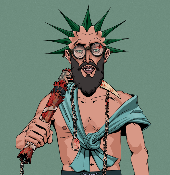 Serious Oleg — Degen Dojo NFT art (Shirtless Runt, Olive Green, Degens, Queeny Chic, Serious Oleg, Bloodied Glasses, Zapachi, Rusty Kusarigama, Mint)