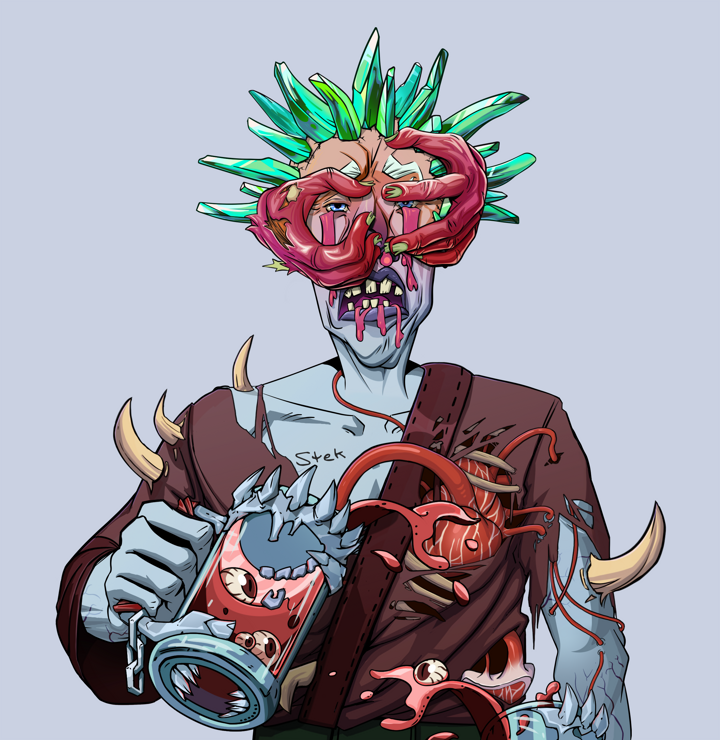 Teary Goro — Degen Dojo NFT art (Shirtless Runt, Blue Evening, Demons, Proud Dejen Kimono, Teary Goro, Shoji Tassel Glasses, Zapachi, Beer Splash, Mint)