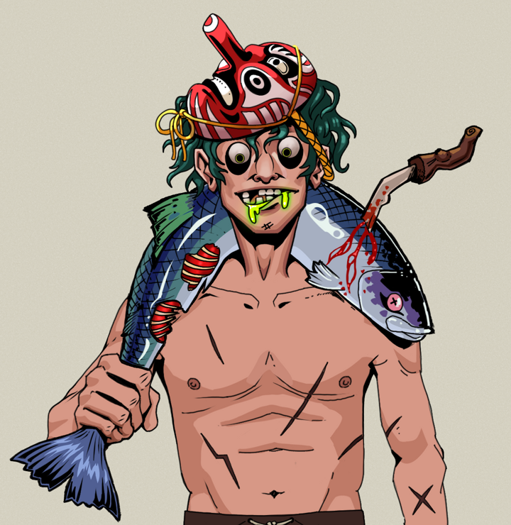 Toxic Azuma — Degen Dojo NFT art (Shirtless Runt, Warm Grey, Degens, Battle Scars, Toxic Azuma, Tengu Mask, Dead Fish, Mint)
