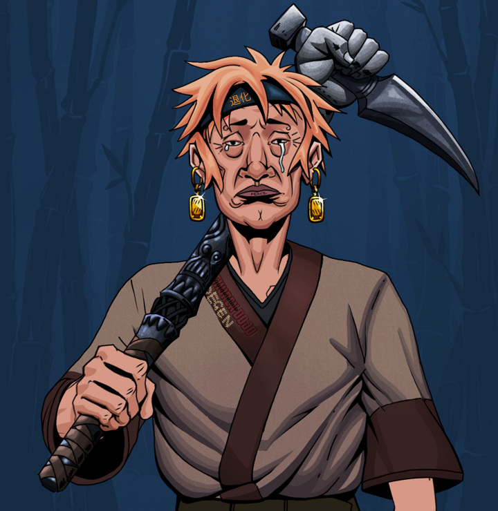 Teary Goro — Degen Dojo NFT art (Gold Earrings, Night Forest, Degens, Degen Dojo Kimono, Teary Goro, Shirtless Runt, Tiger Headband Ruffian, Stone Fist-Sickle, Mint)