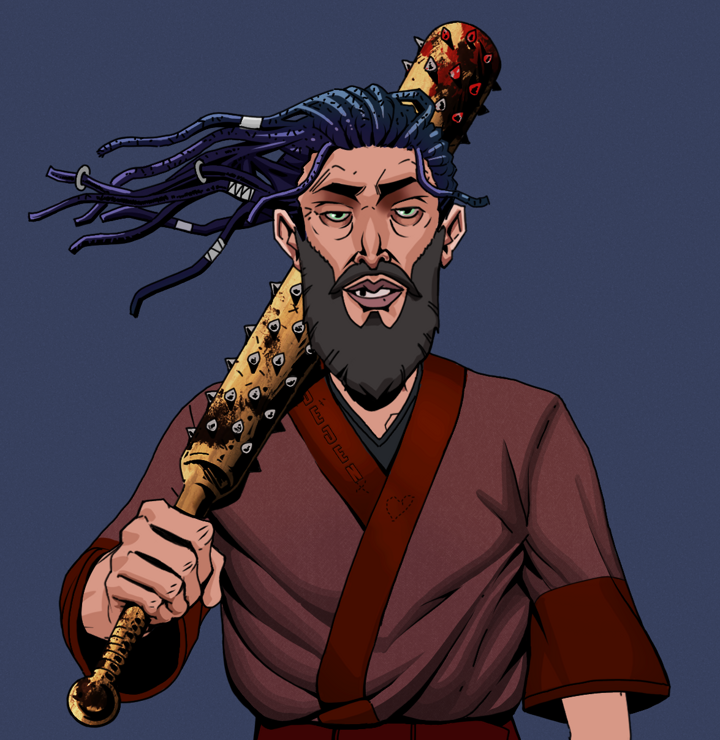 Serious Oleg — Degen Dojo NFT art (Shirtless Runt, Blue Evening, Degens, Proud Dejen Kimono, Serious Oleg, Flowing Dreads, Yakuza Club, Mint)