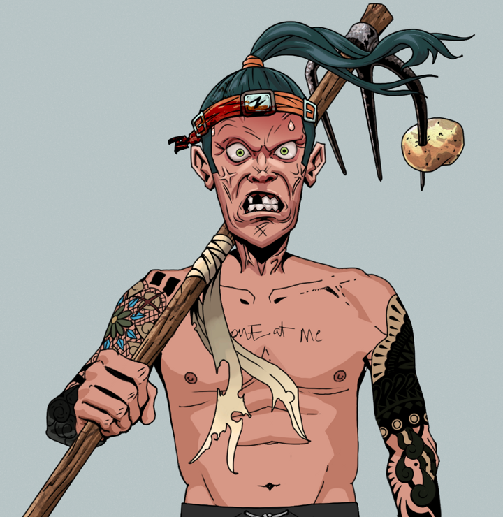 Angry Ikari — Degen Dojo NFT art (Shirtless Runt, Light Grey, Degens, Black Yakuza Sleeves, Angry Ikari, Green Bandana, Farmers Hoe, Mint)