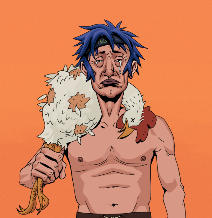 Teary Goro — Degen Dojo NFT art (Shirtless Runt, Orange Afternoon, Degens, Teary Goro, Bum Headband Ruffian, Chicken, Mint)