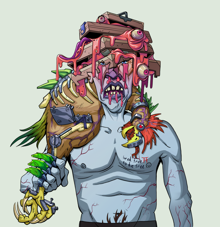 Teary Goro — Degen Dojo NFT art (Shirtless Runt, Olive Green, Demons, Nudey Freak, Teary Goro, Tengai Basket, Chicken, Mint)