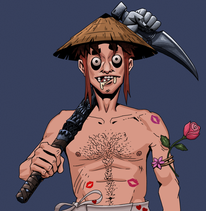 Drooling Azuma — Degen Dojo NFT art (Shirtless Runt, Blue Evening, Degens, Womanizer, Drooling Azuma, Rice Hat, Stone Fist-Sickle, Mint)