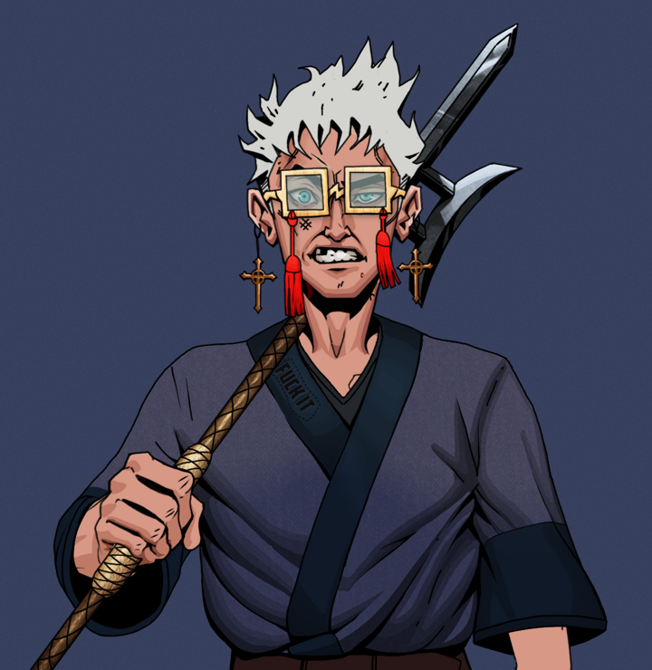 Akuma — Degen Dojo NFT art (Jesuit Crosses, Blue Evening, Degens, Fuck You Kimono, Akuma, Shoji Tassel Glasses, Short Spiky Grey, Bishamon Yari, Mint)