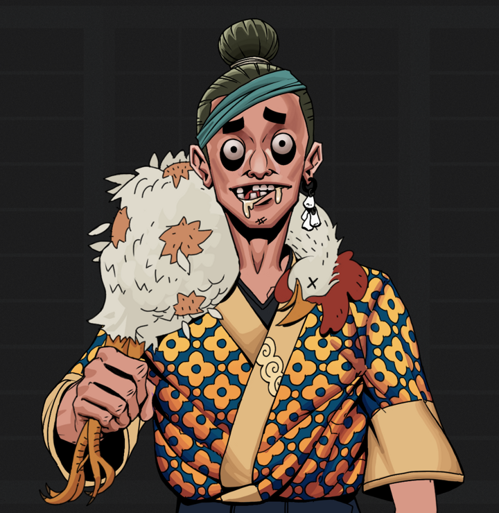 Drooling Azuma — Degen Dojo NFT art (Foes Teeth, Shoji Night, Degens, Yellow Flowers Silk Kimono, Drooling Azuma, Shirtless Runt, Hair Bun, Chicken, Mint)