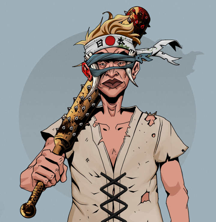 Young Yuji — Degen Dojo NFT art (Shirtless Runt, Grey Mist, Degens, Rice Sack Rags, Young Yuji, Tied Horns, Karate Headband, Yakuza Club, Mint)