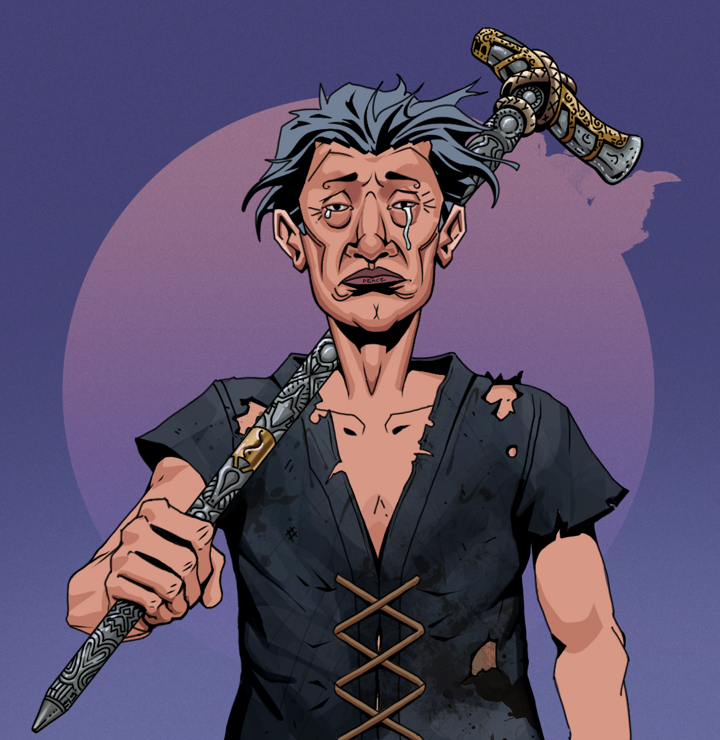 Teary Goro — Degen Dojo NFT art (Shirtless Runt, Purple Night, Degens, Black Peasant Sack, Teary Goro, Wavy, Artisan Walking Cane, Mint)