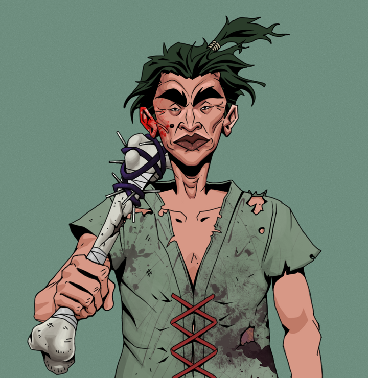 Young Yuji — Degen Dojo NFT art (Shirtless Runt, Olive Green, Degens, Dirty Peasant Rags, Young Yuji, Messy Ponytail, Spiky Femur, Mint)