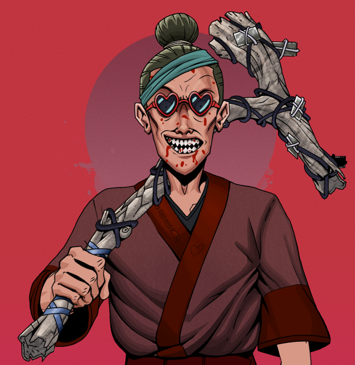 Assassin Fuzen — Degen Dojo NFT art (Shirtless Runt, Red High Moon, Degens, Proud Dejen Kimono, Assassin Fuzen, Loveheart Shades, Hair Bun, Large Branch, Mint)
