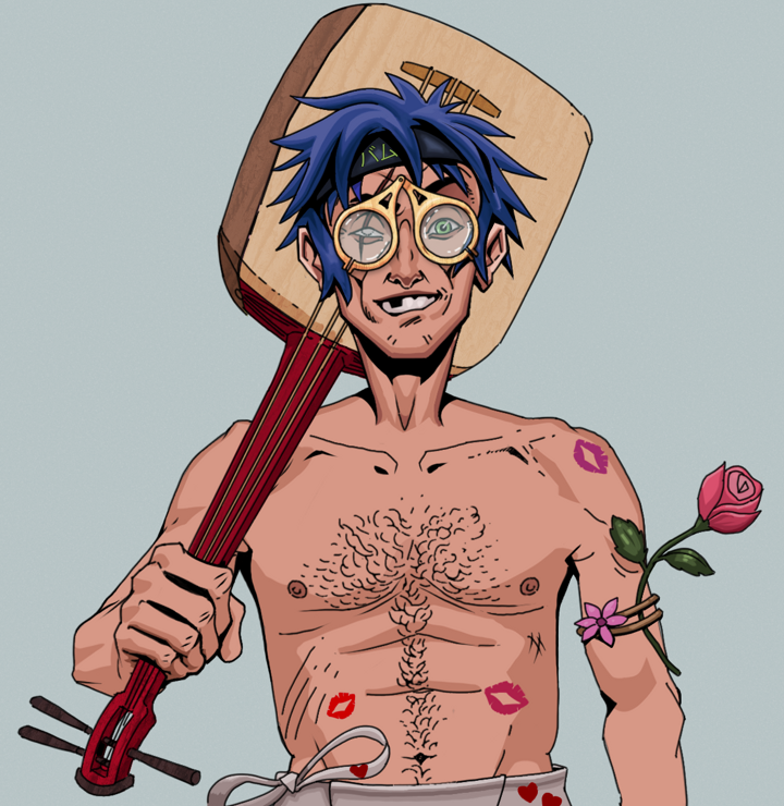 One-Eyed Itsuki — Degen Dojo NFT art (Shirtless Runt, Light Grey, Degens, Womanizer, One-Eyed Itsuki, Pocket Glasses, Bum Headband Ruffian, Shamisen, Mint)