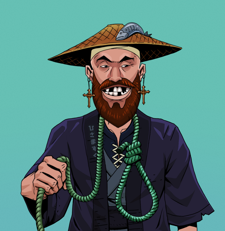 Igor The Bear — Degen Dojo NFT art (Jesuit Crosses, Teal Daytime, Degens, Daimyo Warrior Kimono, Igor The Bear, Shirtless Runt, Wide Kasa Fisherman, Noose, Mint)