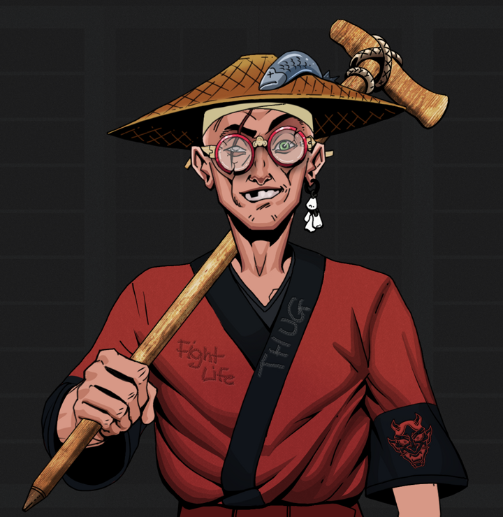 One-Eyed Itsuki — Degen Dojo NFT art (Foes Teeth, Shoji Night, Degens, Red Oni Kimono, One-Eyed Itsuki, Broken Glasses, Wide Kasa Fisherman, Wooden Walking Cane, Mint)