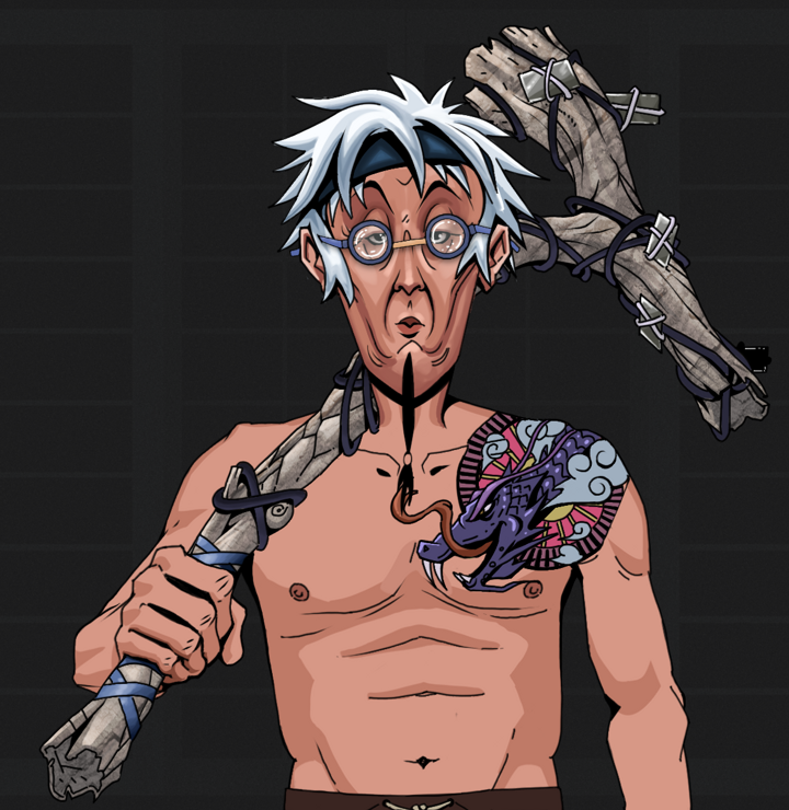 Edmundo — Degen Dojo NFT art (Shirtless Runt, Shoji Night, Degens, Dragon Head Tattoo, Edmundo, Spectacles, White Ruffian, Large Branch, Mint)