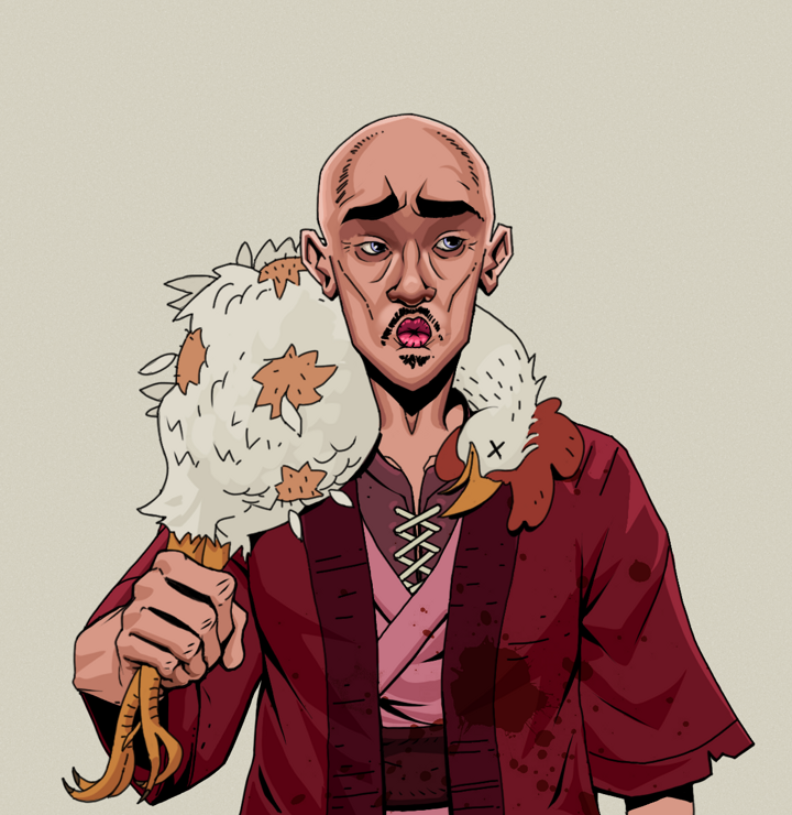 Masumi Steel — Degen Dojo NFT art (Shirtless Runt, Warm Grey, Degens, Red Warrior Kimono, Masumi Steel, Bald, Chicken, Mint)