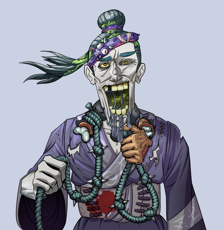Yuuki — Degen Dojo NFT art (Shirtless Runt, Blue Evening, Demons, Sushi Love Loose Kimono, Yuuki, Long Flowing, Noose, Mint)