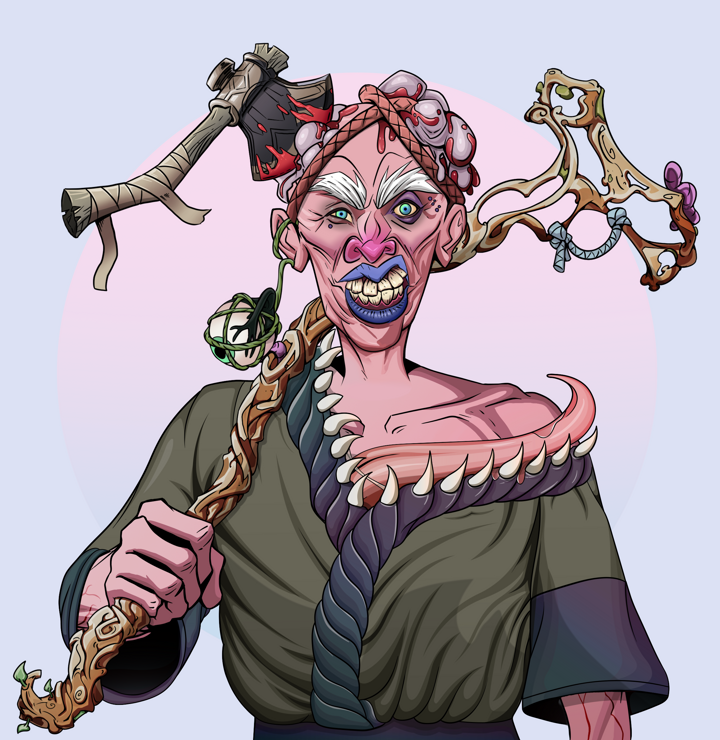 Young Yuji — Degen Dojo NFT art (Shaman Eyes, Purple Night, Demons, Puppy Kimono, Young Yuji, Shirtless Runt, Splitting Axe Ache, Wooden Walking Cane, Mint)