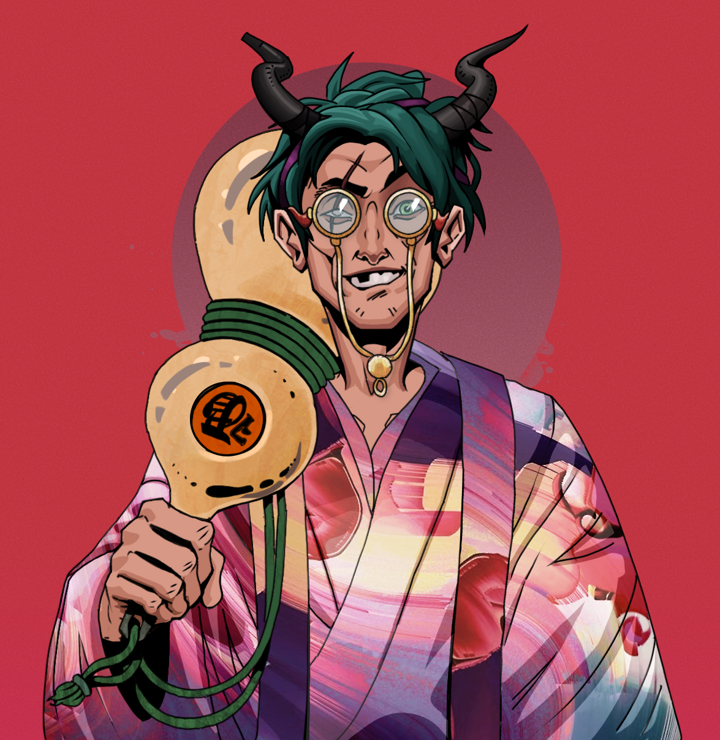 One-Eyed Itsuki — Degen Dojo NFT art (Shirtless Runt, Red High Moon, Degens, Autumn Sakura Kimono, One-Eyed Itsuki, Pompous Glasses, Black Oni Horns, Giant Sake Bottle, Mint)