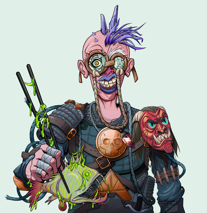 Young Yuji — Degen Dojo NFT art (Shirtless Runt, Teal Daytime, Demons, Tatami Tosei Gusoku, Young Yuji, Pompous Glasses, Yakuza Ruffian, Frightened Fugu, Mint)