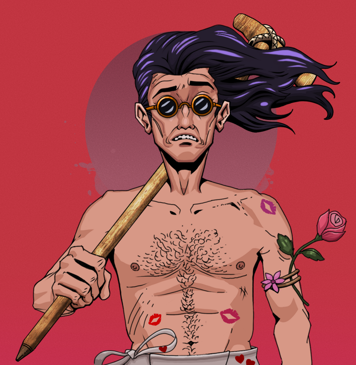 Shitless Botan — Degen Dojo NFT art (Shirtless Runt, Red High Moon, Degens, Womanizer, Shitless Botan, Dark Spectacles, Flowing Battousai, Wooden Walking Cane, Mint)