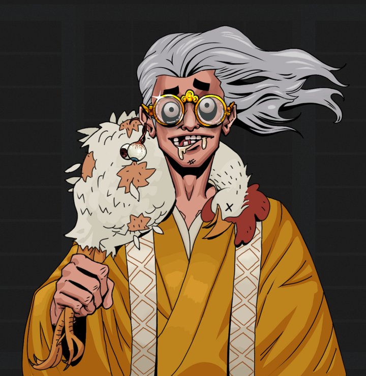 Drooling Azuma — Degen Dojo NFT art (Shaman Eyes, Shoji Night, Degens, Ordained Dejen, Drooling Azuma, Golden Glasses, Wise Greatness, Chicken, Mint)