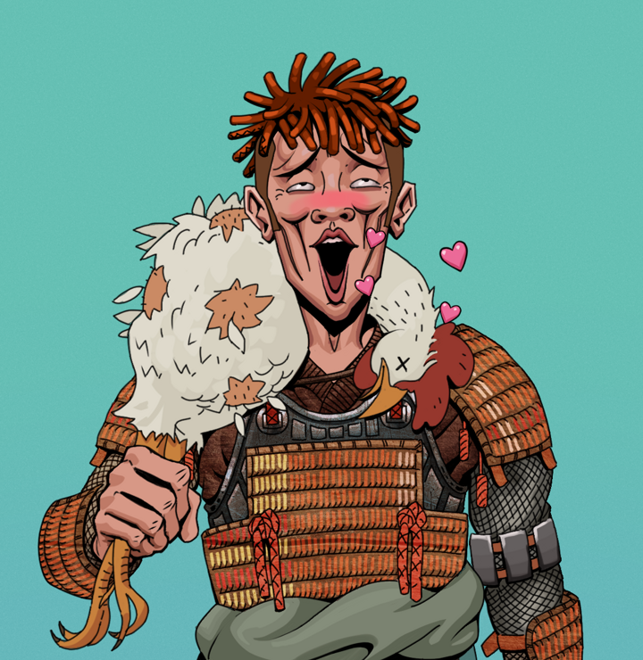 Lovey Haruto — Degen Dojo NFT art (Shirtless Runt, Teal Daytime, Degens, Tatami Tosei Gusoku, Lovey Haruto, Orange Bantu Knots, Chicken, Mint)