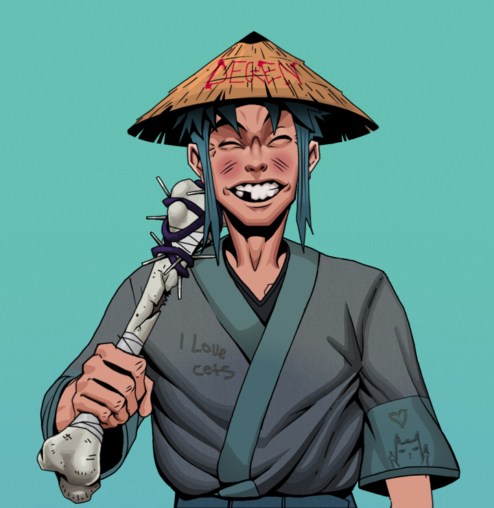 Cheery Haru — Degen Dojo NFT art (Shirtless Runt, Teal Daytime, Degens, Cet Kimono, Cheery Haru, Degen Graffiti Rice Hat, Spiky Femur, Mint)