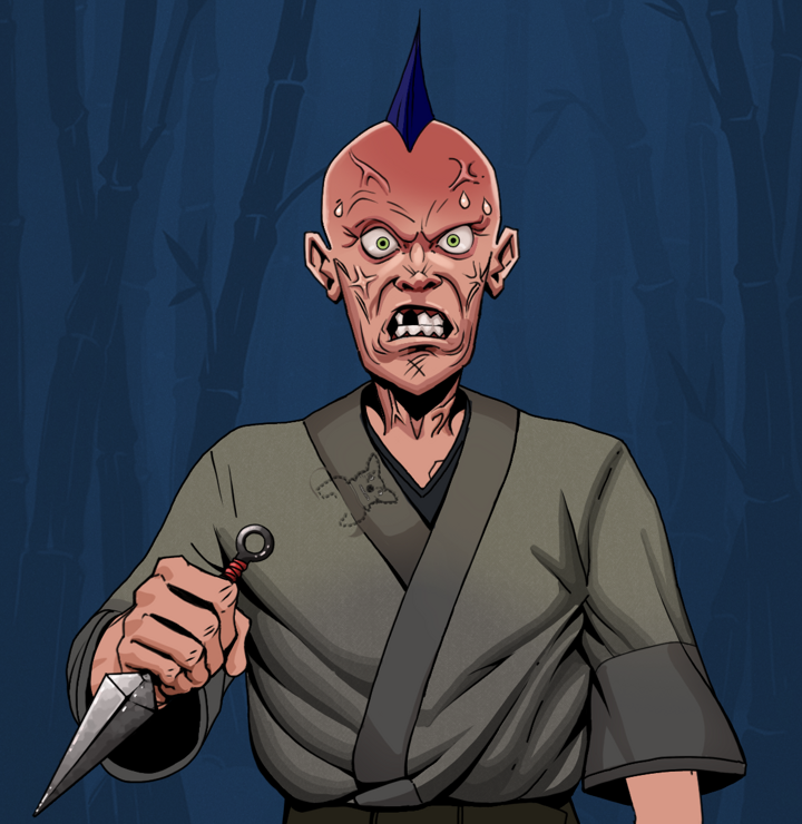 Angry Ikari — Degen Dojo NFT art (Shirtless Runt, Night Forest, Degens, Puppy Kimono, Angry Ikari, Mohawk Spike, Kunai, Mint)